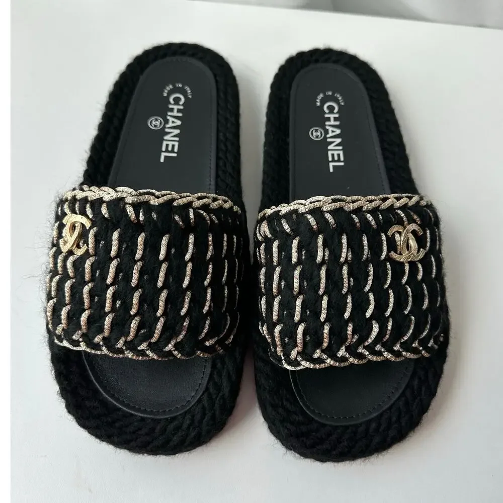 NIB! Chanel (39/8-8.5 US) Interlocking CC Logo Braided Slide Sandals- Black/Gold